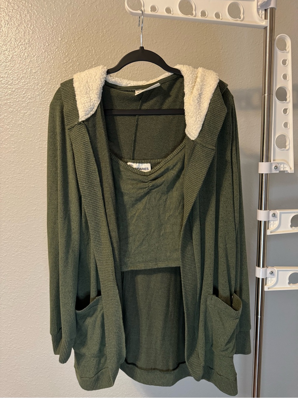 No Boundaries Olive Green Hooded Cardigan with Cream Sherpa Trim & Matching Top